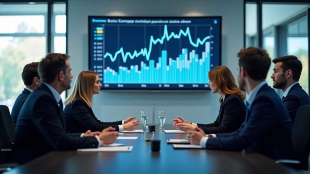 Geschäftsleute diskutieren an einem Konferenztisch mit Wirtschaftsdaten im Hintergrund
